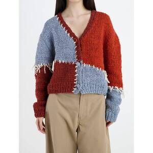 NEW THE ELDER STATESMAN patchwork boucle cardigan in earth multi